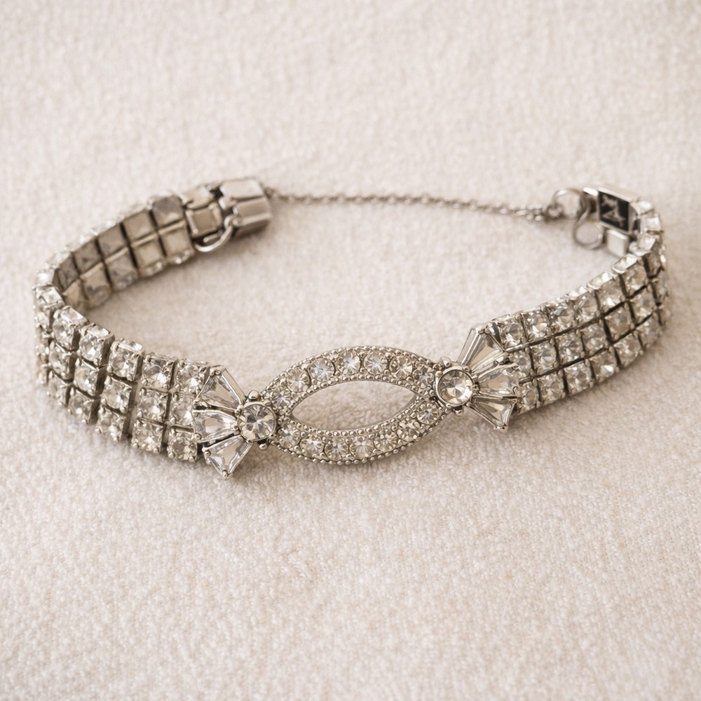 Vintage Rhinestone Braclet / Mid Century Sterling 925 Coventry Style Grid Design